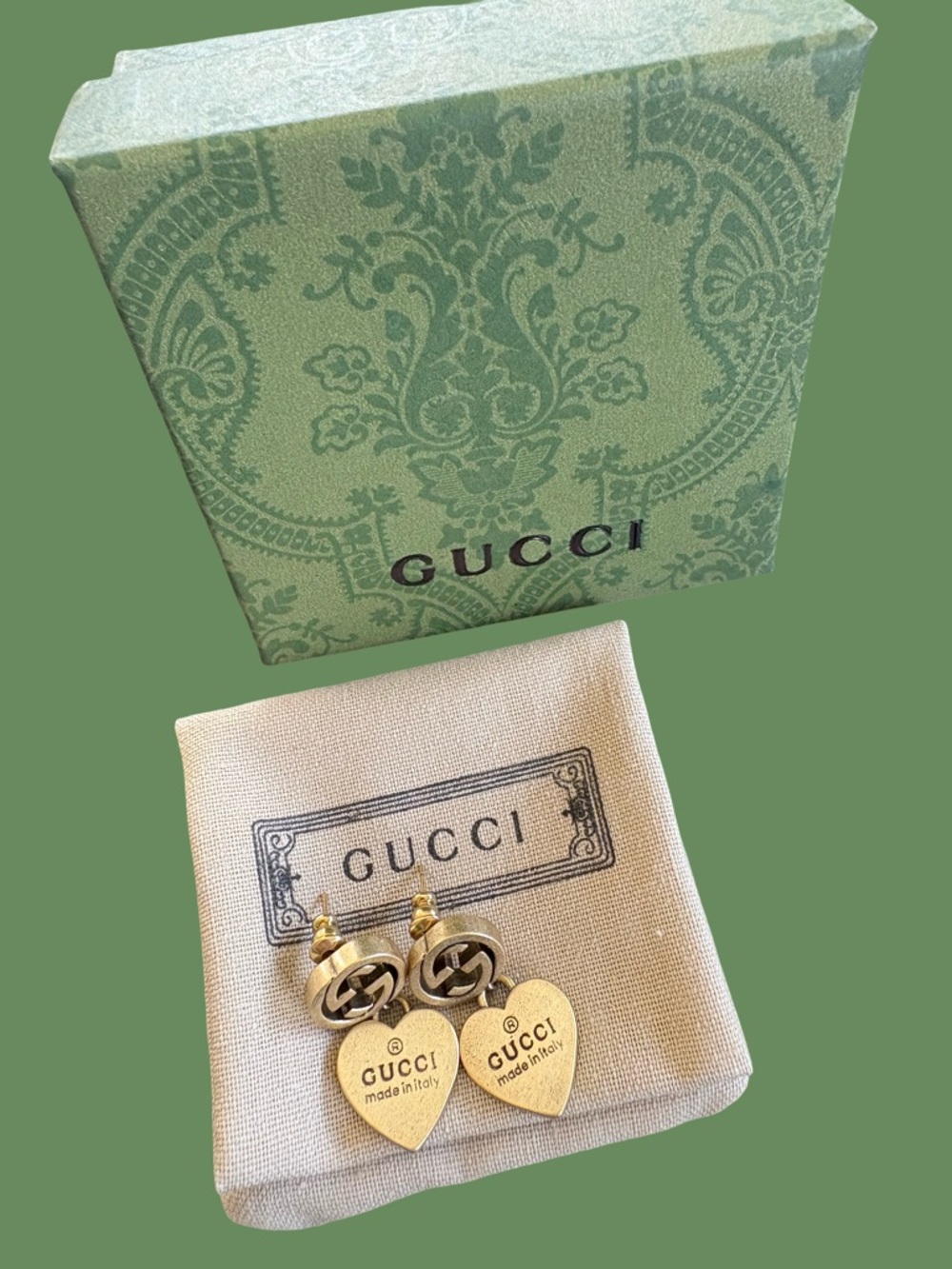 Gucci Gold Heart Drop Earrings with Interlocking GG Tops